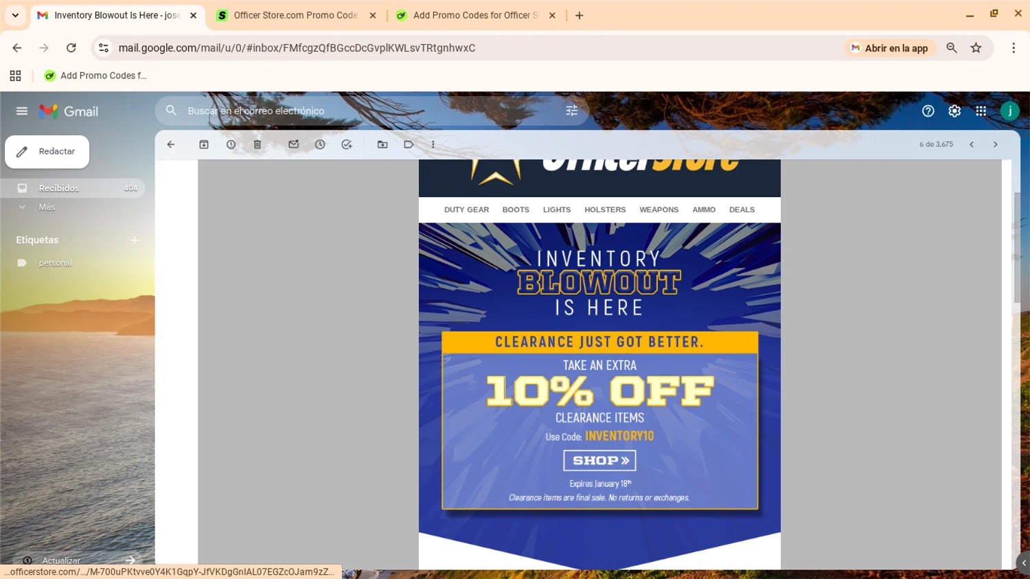 Officer Store.com promo code screenshot showing code INVENTORY10 applied at Officer Store.com checkout page. Uploaded by SimplyCodes community member yennifergonzalez on Jan 5, 2026