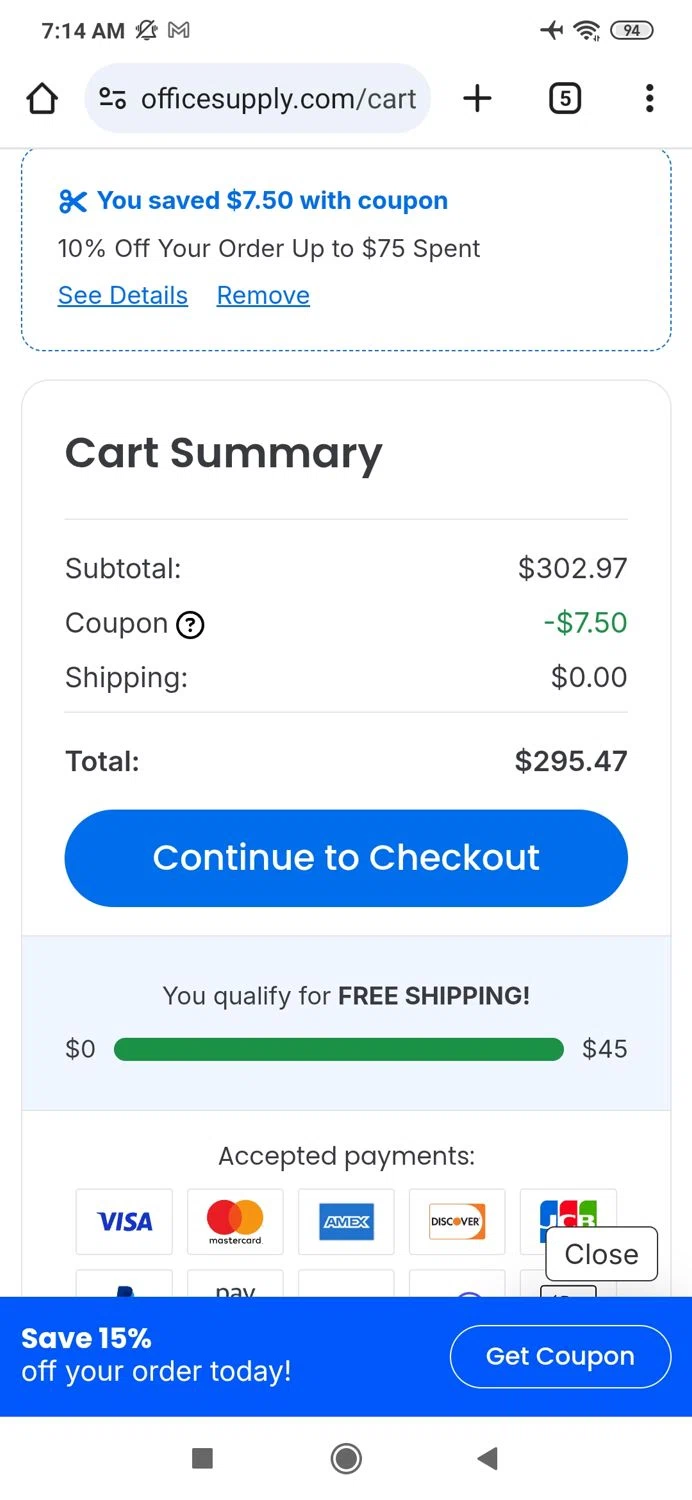 OfficeSupply.com coupon code screenshot showing code SCA10OFF applied at OfficeSupply.com checkout page. Uploaded by SimplyCodes community member MightyBoss9975 on Feb 16, 2025