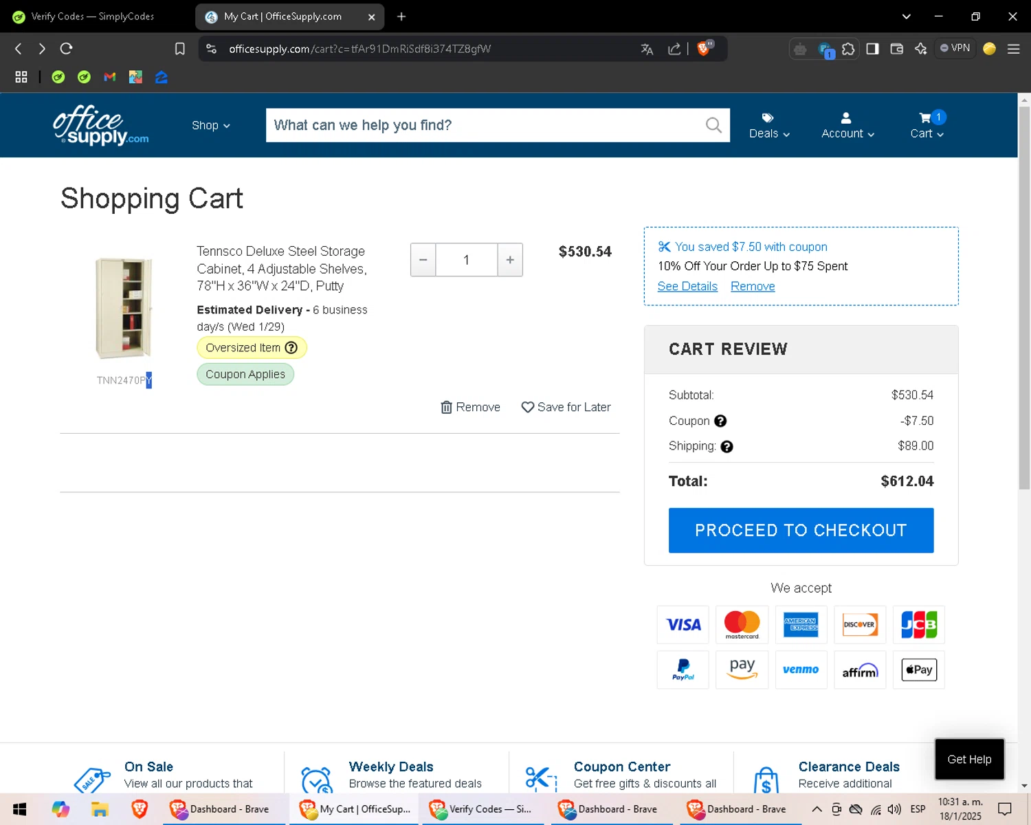 OfficeSupply.com coupon code screenshot showing code SCA10OFF applied at OfficeSupply.com checkout page. Uploaded by SimplyCodes community member SaleOwl2150 on Jan 18, 2025