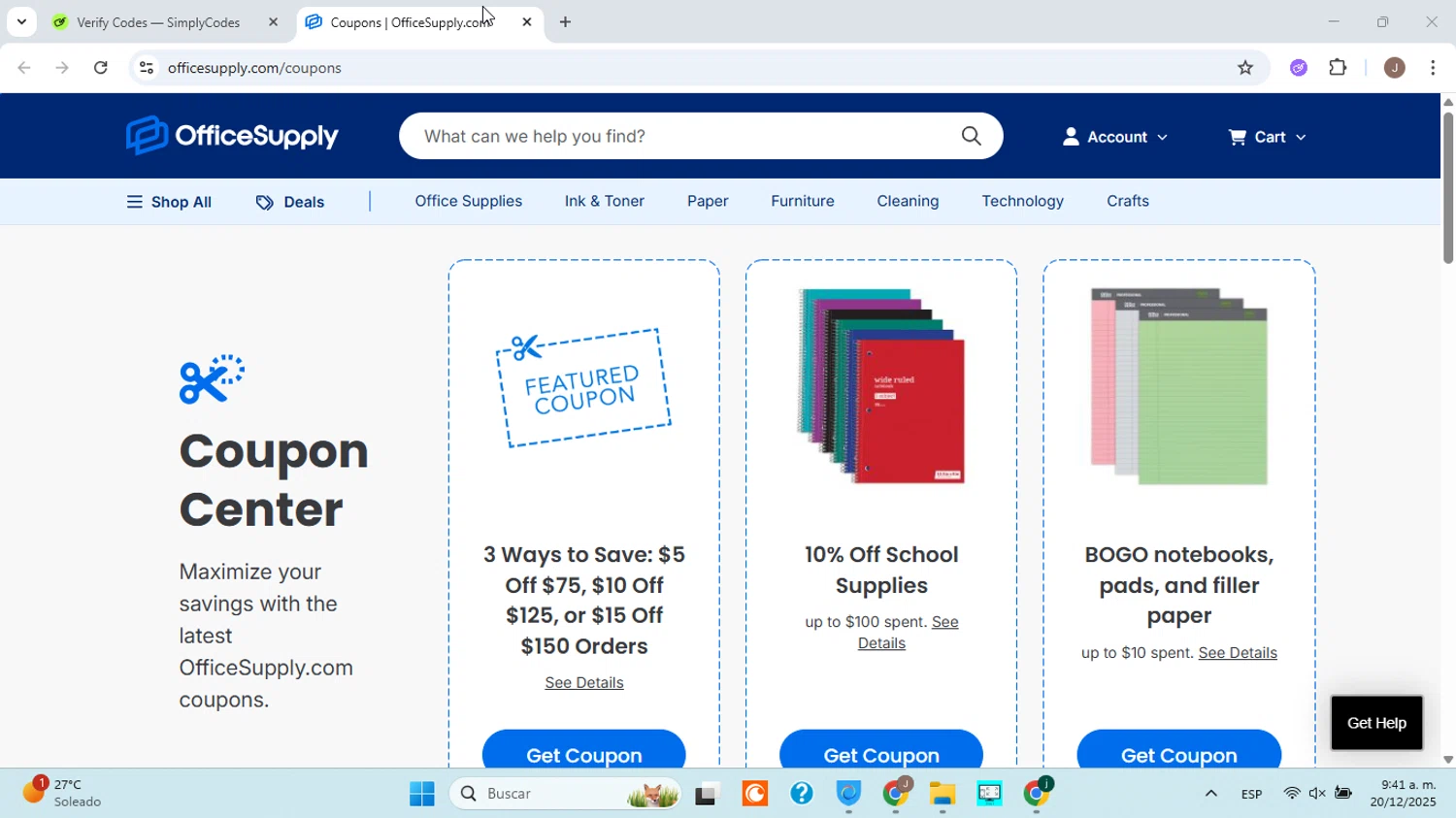 OfficeSupply.com coupon code screenshot showing code SUPPLYLIST applied at OfficeSupply.com checkout page. Uploaded by SimplyCodes community member ABHF23 on Dec 20, 2025