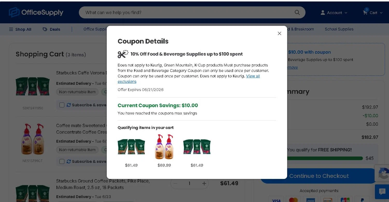 OfficeSupply.com promo code screenshot showing code SUNNYSNACKS applied at OfficeSupply.com checkout page. Uploaded by SimplyCodes community member LAMINEJAMAL on Jun 16, 2026