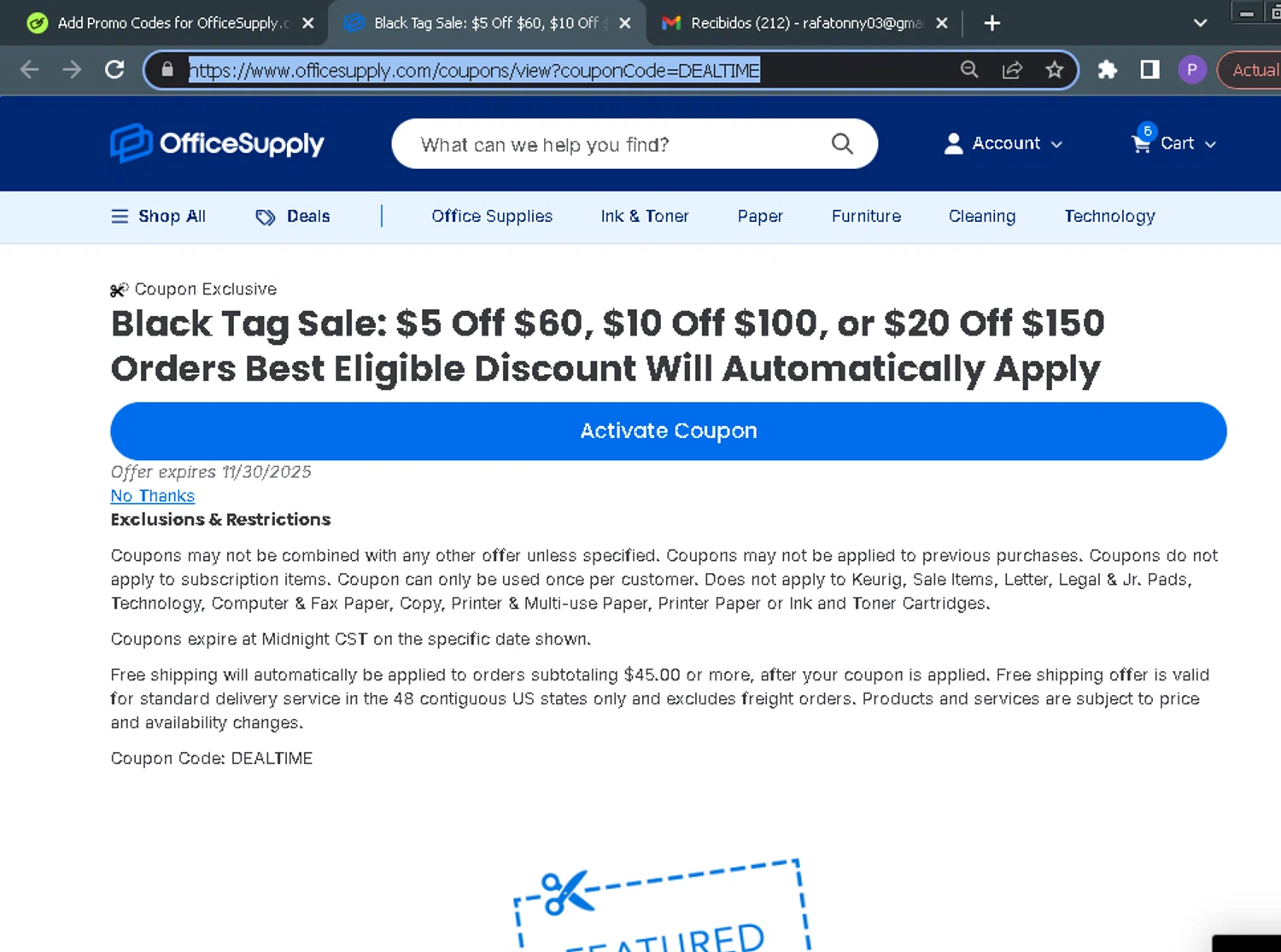 OfficeSupply.com coupon code screenshot showing code DEALTIME applied at OfficeSupply.com checkout page. Uploaded by SimplyCodes community member ParisSmith on Nov 24, 2025