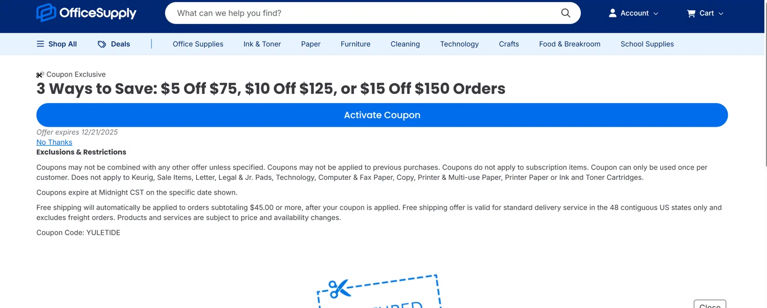 OfficeSupply.com coupon code screenshot showing code YULETIDE applied at OfficeSupply.com checkout page. Uploaded by SimplyCodes community member ParisSmith on Dec 19, 2025