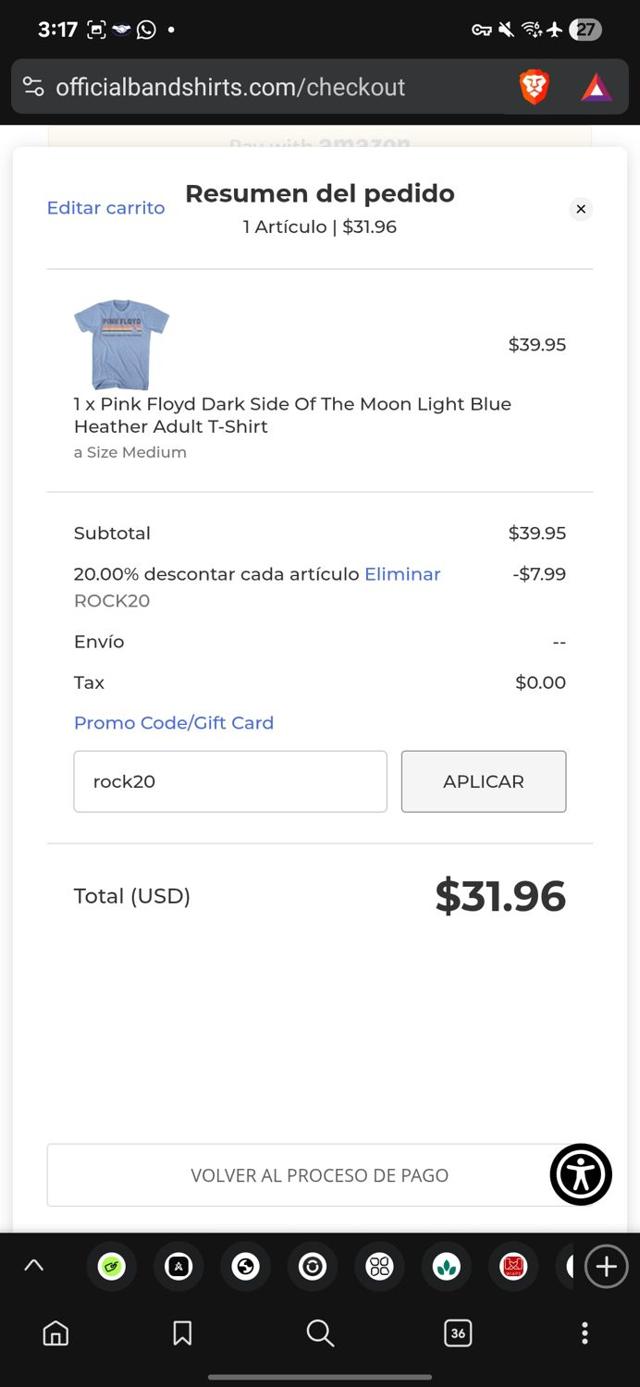 Official Band Shirts checkout page showing Official Band Shirts promo code box | Screenshot taken by SimplyCodes community member on Aug 8, 2025