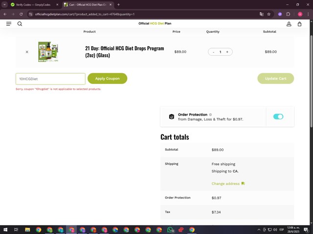 Official HCG Diet Plan checkout page showing Official HCG Diet Plan coupon code box | Screenshot taken by SimplyCodes community member on Jun 28, 2025