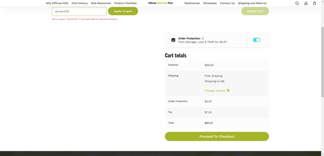Official HCG Diet Plan checkout page showing Official HCG Diet Plan coupon code box | Screenshot taken by SimplyCodes community member on Jul 10, 2025