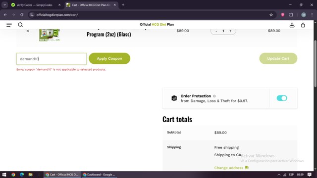 Official HCG Diet Plan checkout page showing Official HCG Diet Plan coupon code box | Screenshot taken by SimplyCodes community member on Aug 19, 2025