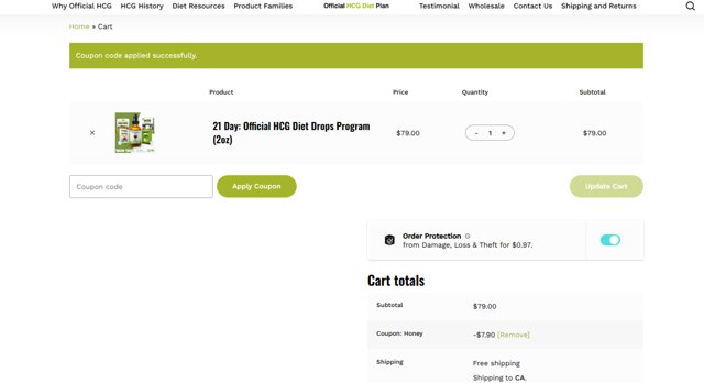 Official HCG Diet Plan checkout page showing Official HCG Diet Plan coupon code box | Screenshot taken by SimplyCodes community member on Jun 21, 2025