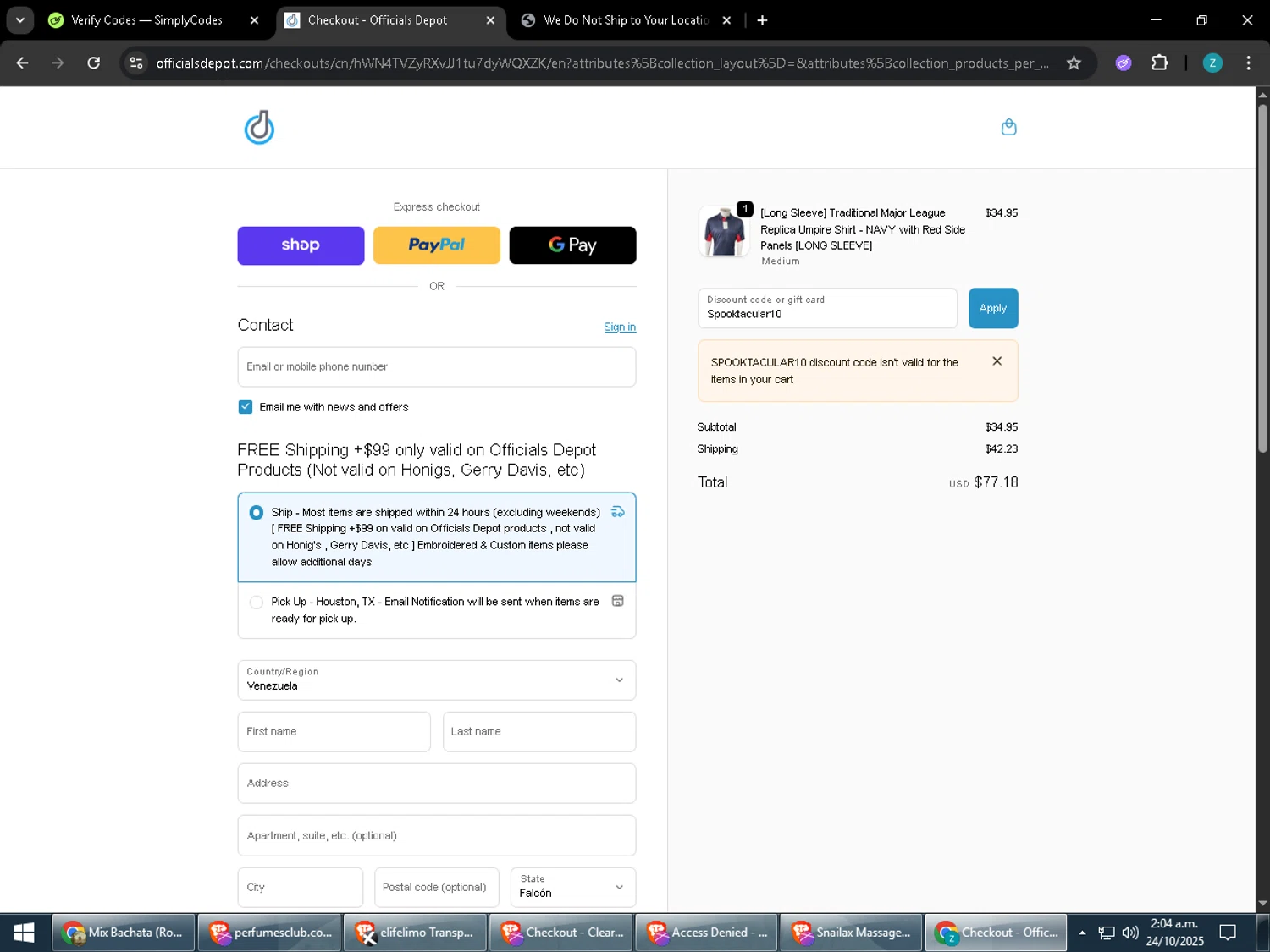Officials Depot promo code screenshot showing code Spooktacular10 applied at Officials Depot checkout page. Uploaded by SimplyCodes community member wlinoskyrodriguezzz27 on Oct 24, 2025