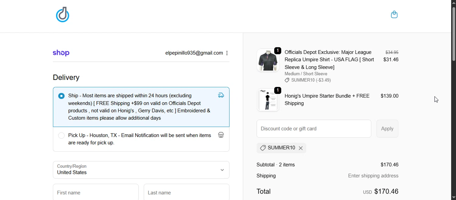 Officials Depot promo code screenshot showing code SUMMER10 applied at Officials Depot checkout page. Uploaded by SimplyCodes community member Enmanuel99 on Sep 30, 2025