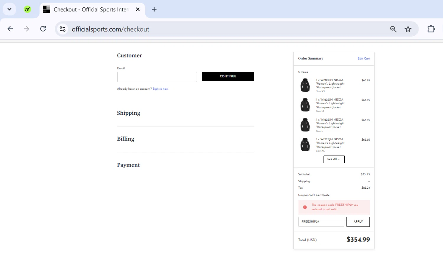 Official Sports coupon code screenshot showing code FREESHIP29 applied at Official Sports checkout page. Uploaded by SimplyCodes community member ExtraordinarySeeker9807 on Apr 28, 2025