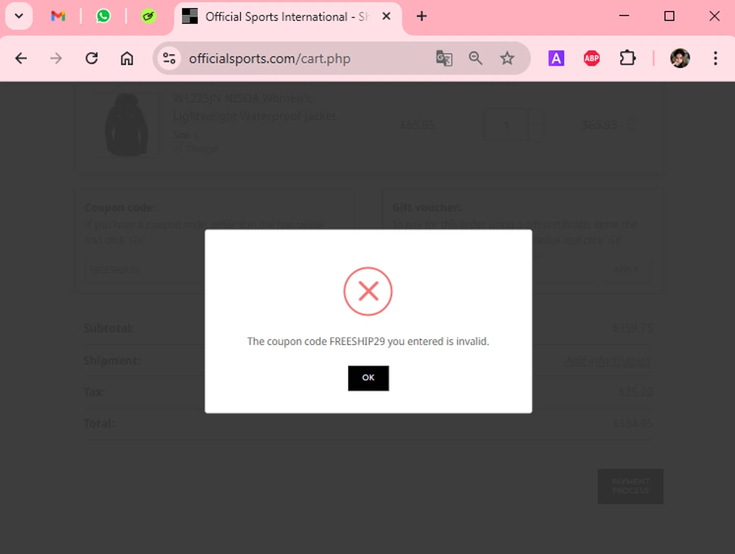 Official Sports coupon code screenshot showing code FREESHIP29 applied at Official Sports checkout page. Uploaded by SimplyCodes community member Scarleth_2GGD on Apr 28, 2025