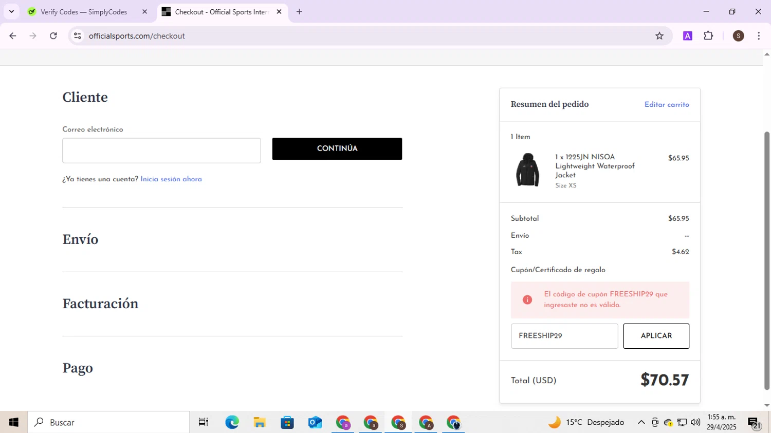 Official Sports coupon code screenshot showing code FREESHIP29 applied at Official Sports checkout page. Uploaded by SimplyCodes community member BudgetMaven6078 on Apr 28, 2025
