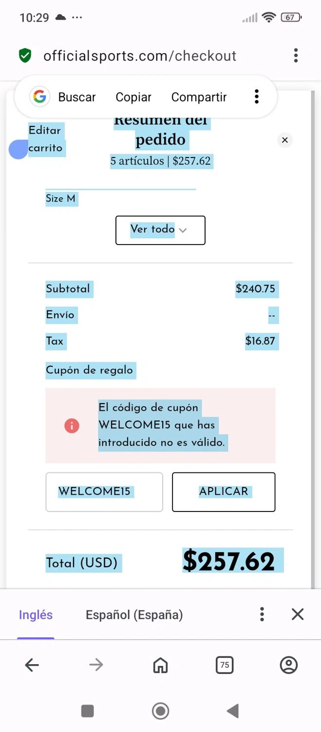 Official Sports coupon code screenshot showing code WELCOME15 applied at Official Sports checkout page. Uploaded by SimplyCodes community member CodeAce7009 on May 13, 2025
