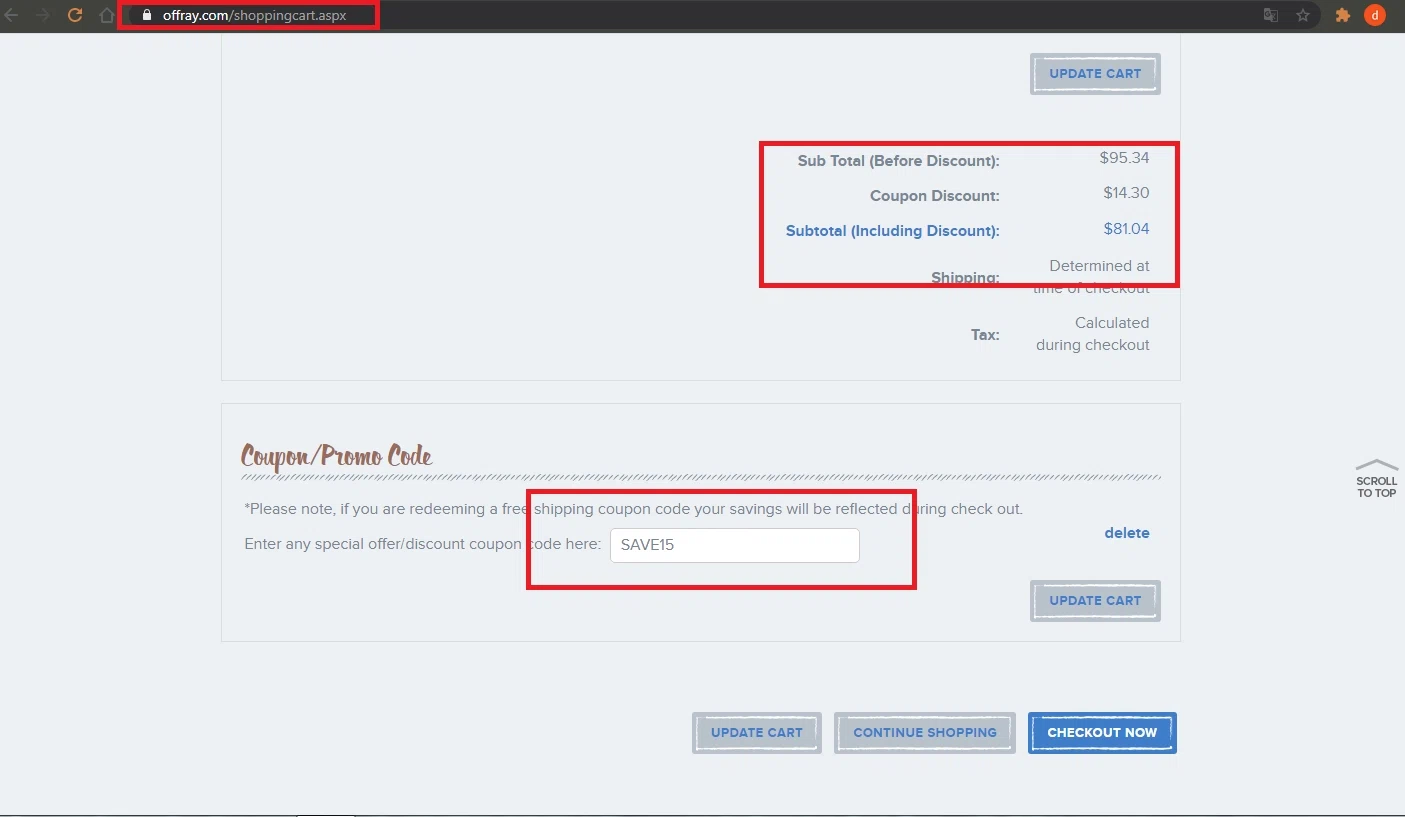 Offray checkout page showing Offray promo code box | Screenshot taken by SimplyCodes community member on Apr 27, 2021