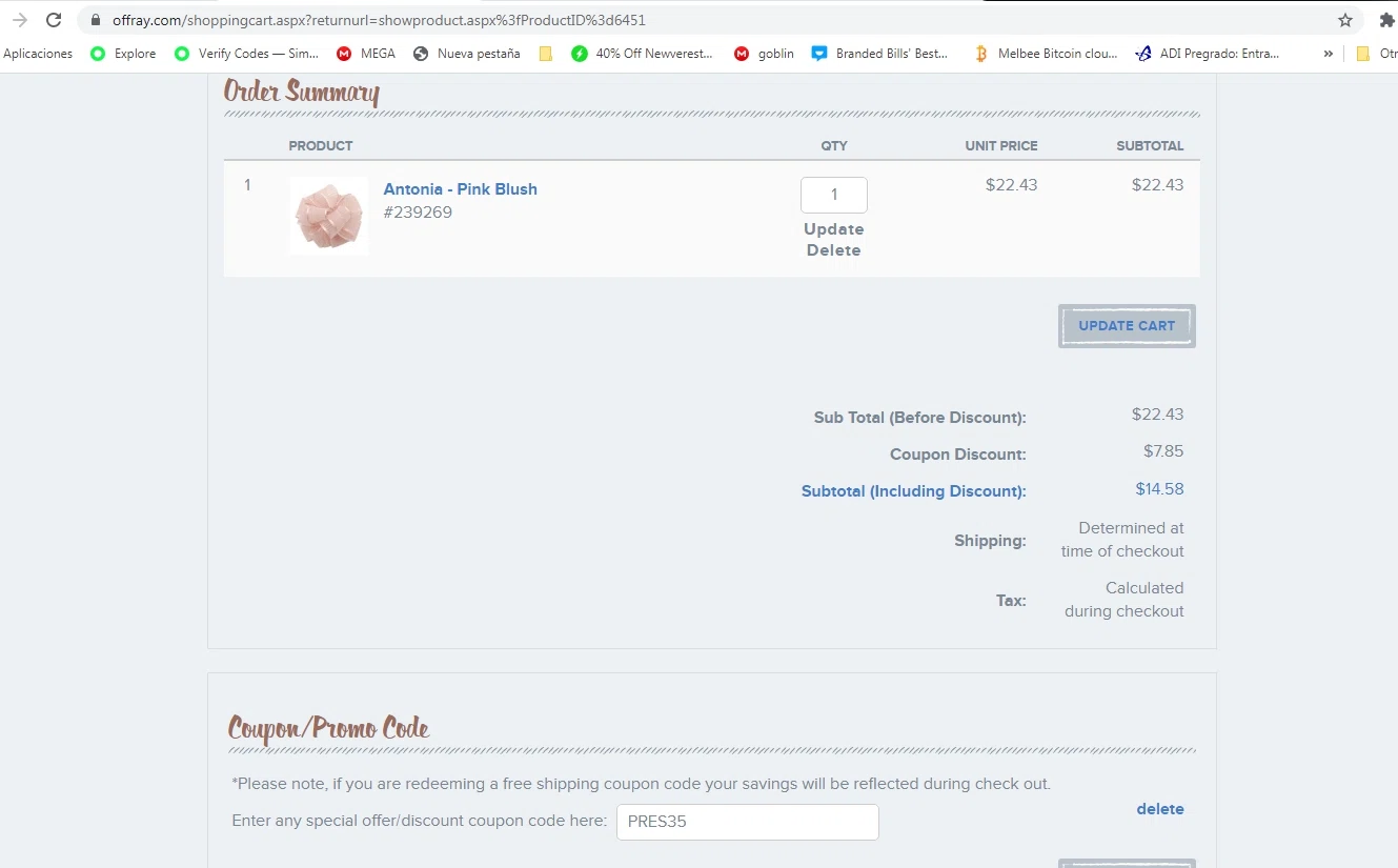 Offray checkout page showing Offray promo code box | Screenshot taken by SimplyCodes community member on Feb 15, 2021