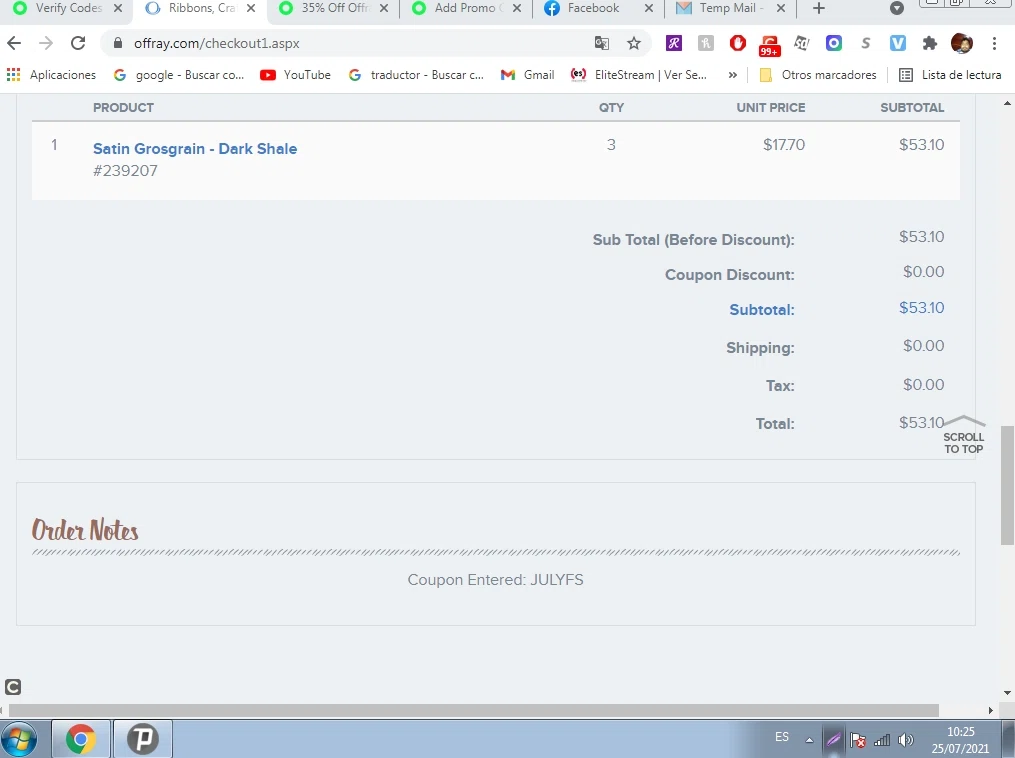 Offray checkout page showing Offray promo code box | Screenshot taken by SimplyCodes community member on Jul 25, 2021