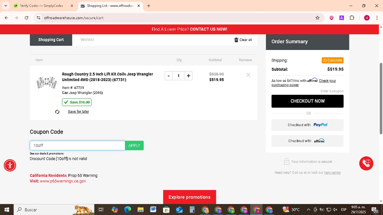 Off Road Warehouse coupon code screenshot showing code 10off applied at Off Road Warehouse checkout page. Uploaded by SimplyCodes community member FrugalMonarch7277 on Jul 29, 2025