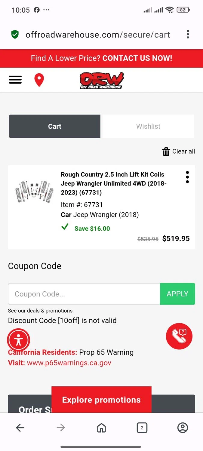 Off Road Warehouse coupon code screenshot showing code 10off applied at Off Road Warehouse checkout page. Uploaded by SimplyCodes community member Elsuanfonson on Jul 29, 2025