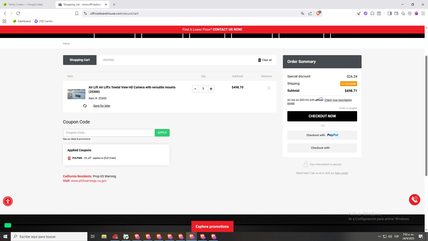 Off Road Warehouse coupon code screenshot showing code PULPMX applied at Off Road Warehouse checkout page. Uploaded by SimplyCodes community member jHjJJJhgPlDmsdUYitrNMASDll on Sep 24, 2025