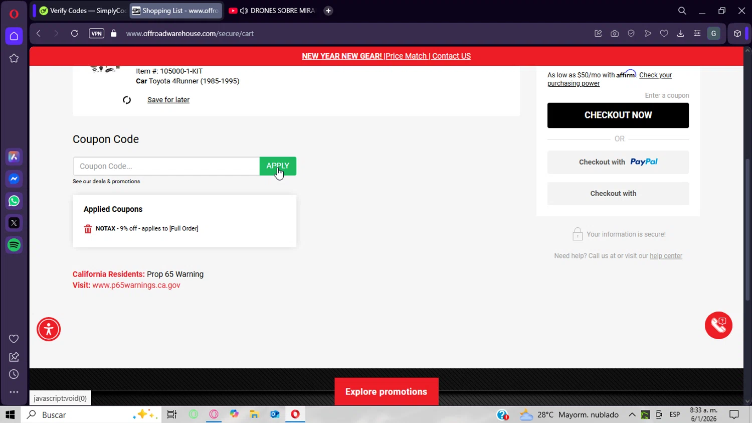 Off Road Warehouse checkout page showing Off Road Warehouse coupon code box | Screenshot taken by SimplyCodes community member on Jan 6, 2026