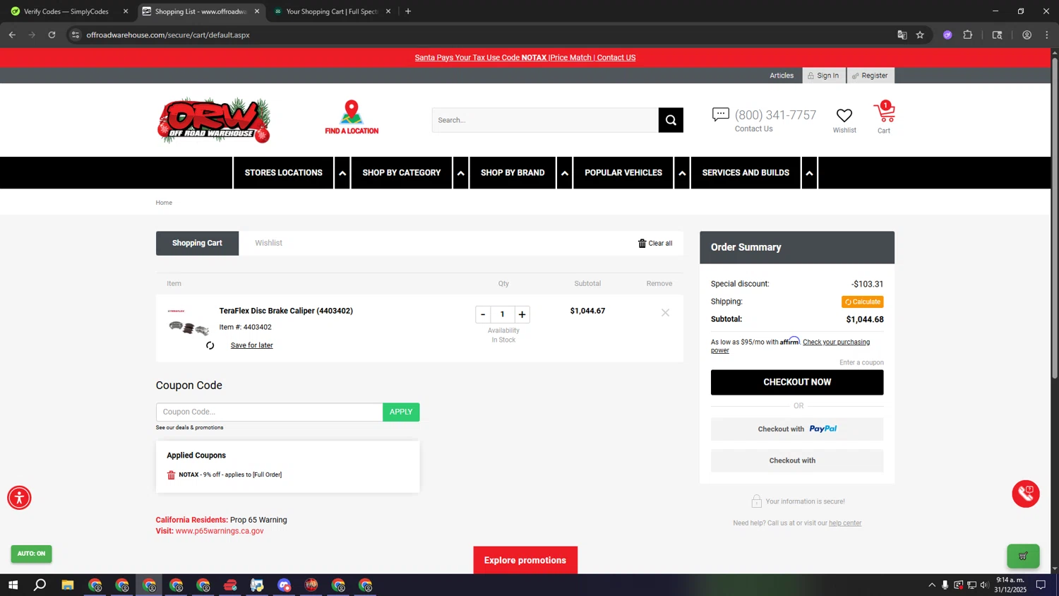 Off Road Warehouse coupon code screenshot showing code notax applied at Off Road Warehouse checkout page. Uploaded by SimplyCodes community member qqqqqqqqqqqqq on Dec 31, 2025
