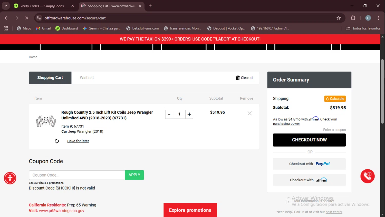 Off Road Warehouse coupon code screenshot showing code SHOCK10 applied at Off Road Warehouse checkout page. Uploaded by SimplyCodes community member Esteban on Sep 1, 2025