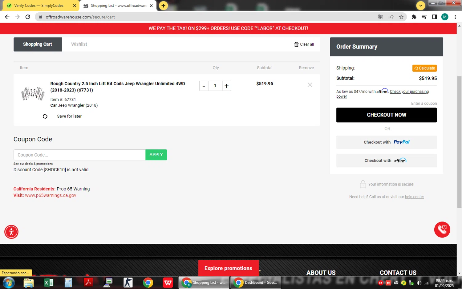Off Road Warehouse coupon code screenshot showing code SHOCK10 applied at Off Road Warehouse checkout page. Uploaded by SimplyCodes community member QuestSage1300 on Sep 1, 2025