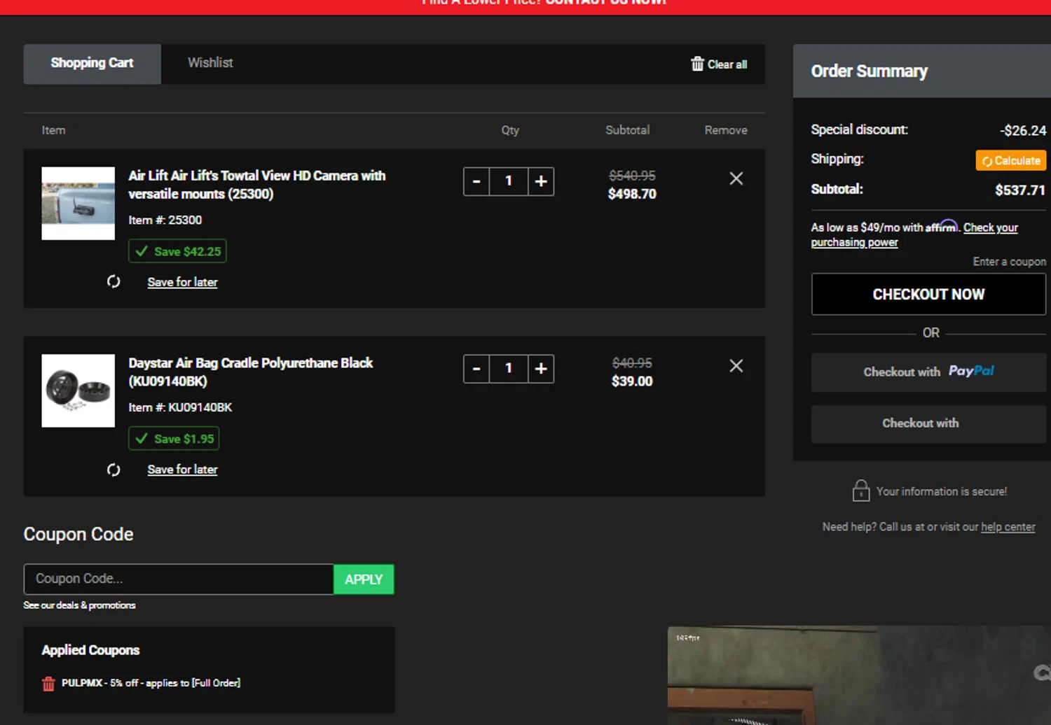 Off Road Warehouse coupon code screenshot showing code PULPMX applied at Off Road Warehouse checkout page. Uploaded by SimplyCodes community member idkxxx on Jun 19, 2025