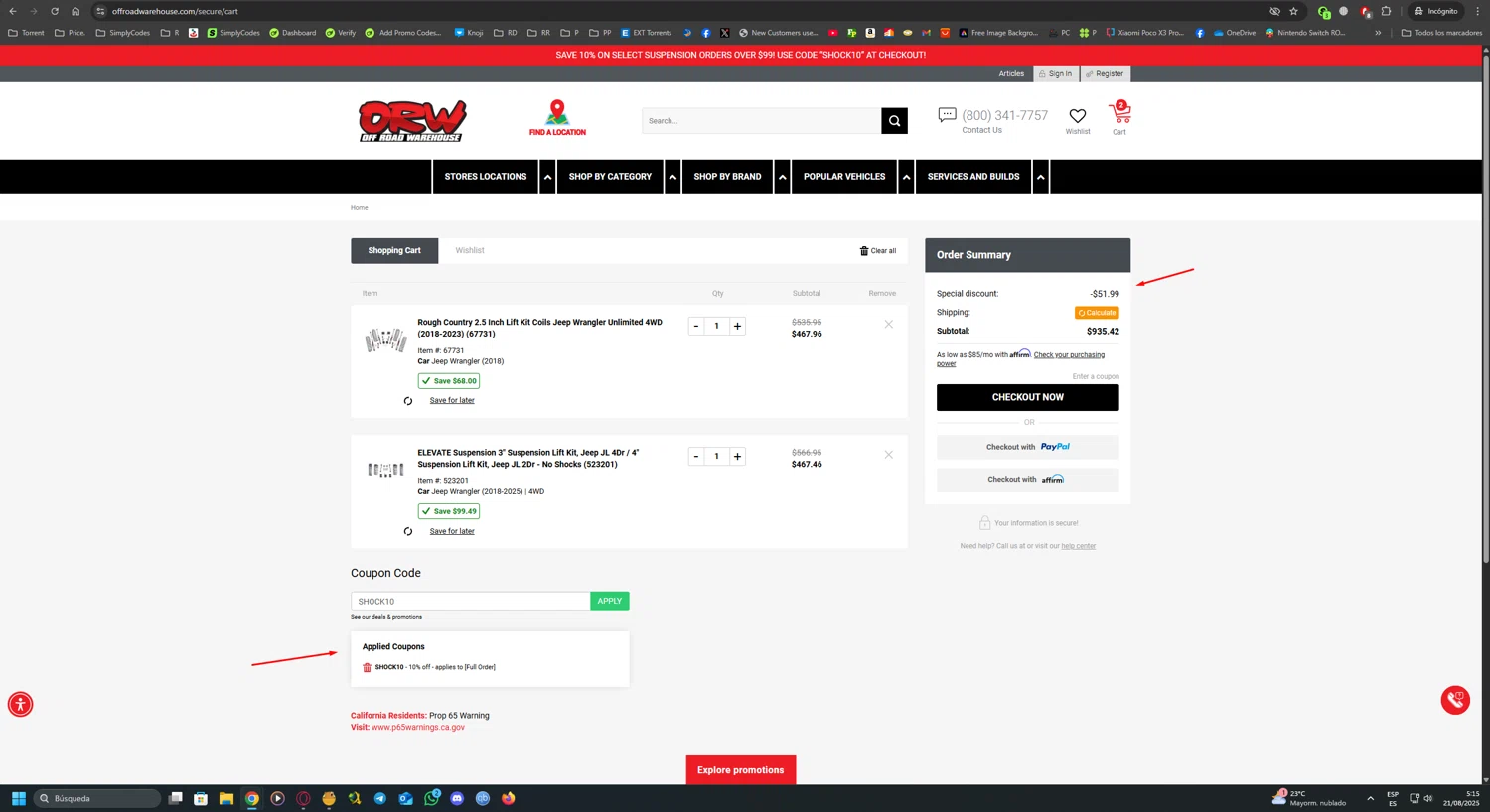 Off Road Warehouse coupon code screenshot showing code SHOCK10 applied at Off Road Warehouse checkout page. Uploaded by SimplyCodes community member UnkNownVnzla on Aug 21, 2025
