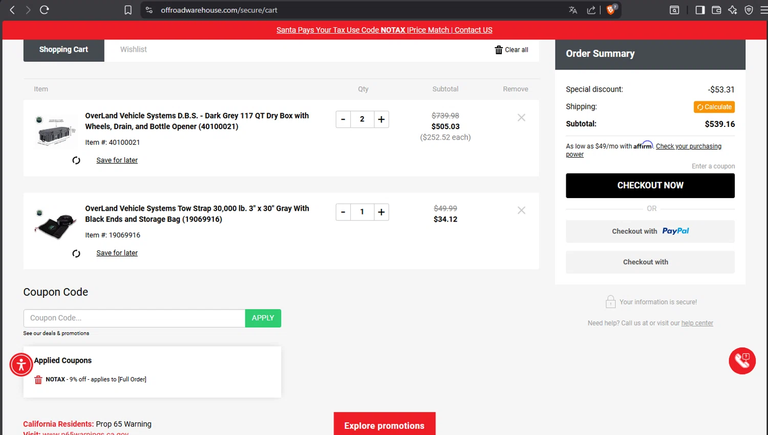 Off Road Warehouse coupon code screenshot showing code NOTAX applied at Off Road Warehouse checkout page. Uploaded by SimplyCodes community member crischidy25 on Dec 25, 2025