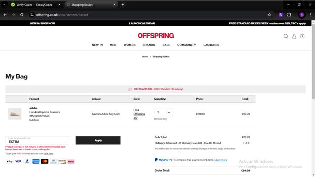 Offspring checkout page showing Offspring promo code box | Screenshot taken by SimplyCodes community member on Dec 23, 2024