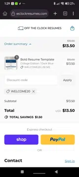 welcome20 coupon verification screenshot