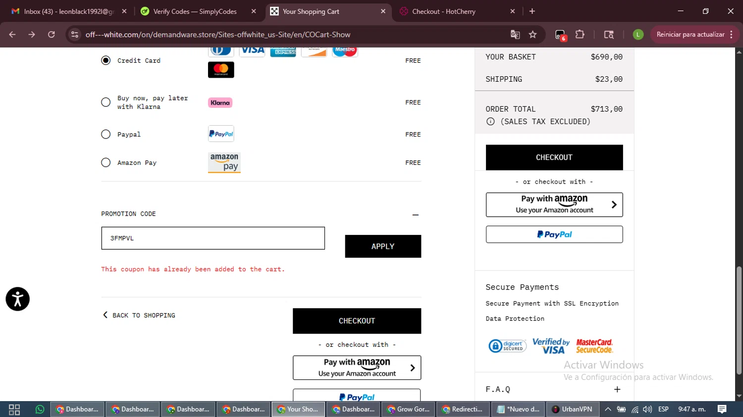 Off-White checkout page showing Off-White promo code box | Screenshot taken by SimplyCodes community member on Jan 25, 2026