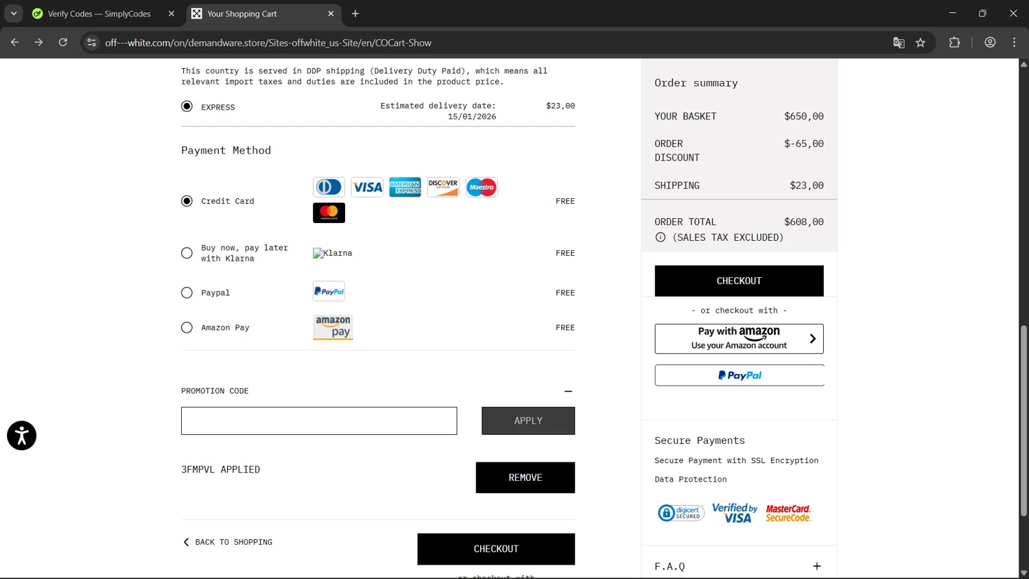 Off-White checkout page showing Off-White promo code box | Screenshot taken by SimplyCodes community member on Jan 11, 2026