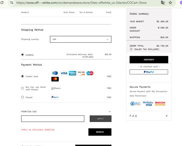 Off-White checkout page showing Off-White promo code box | Screenshot taken by SimplyCodes community member on Sep 15, 2025