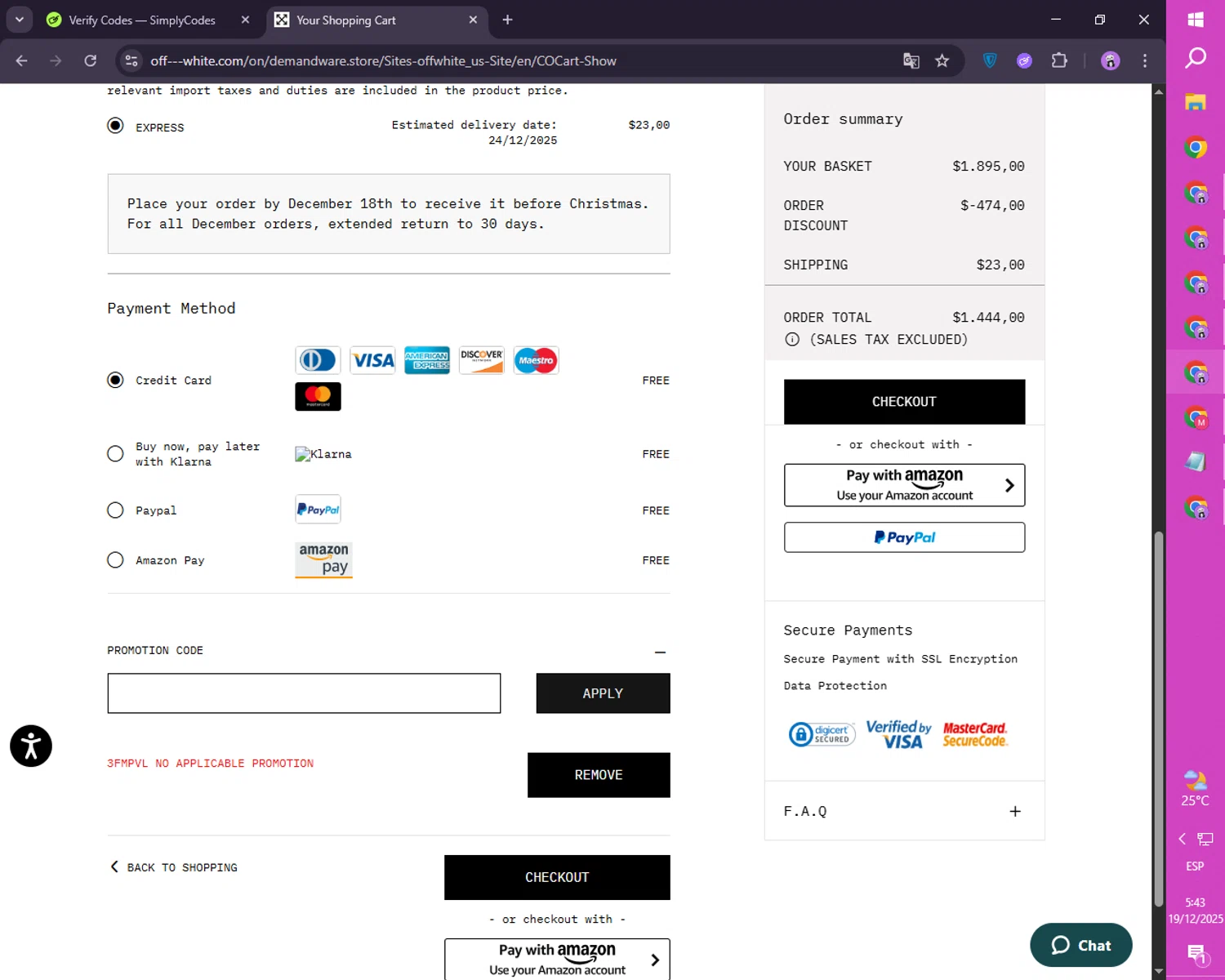 Off-White promo code screenshot showing code 3FMPVL applied at Off-White checkout page. Uploaded by SimplyCodes community member SmartLion1183 on Dec 19, 2025