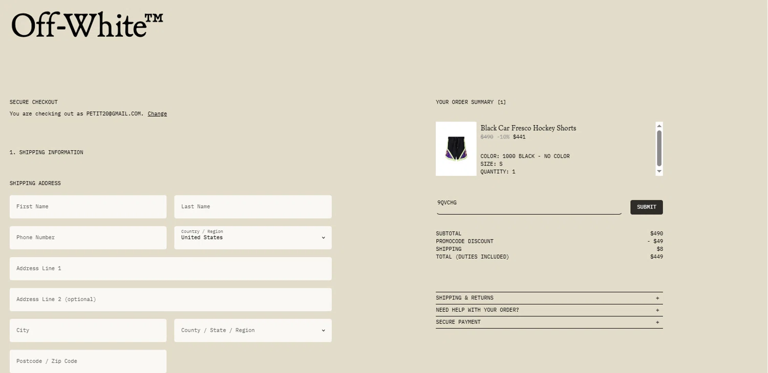 Off-White promo code screenshot showing code 9QVCHG applied at Off-White checkout page. Uploaded by SimplyCodes community member MagnifiHero3476 on Mar 28, 2025