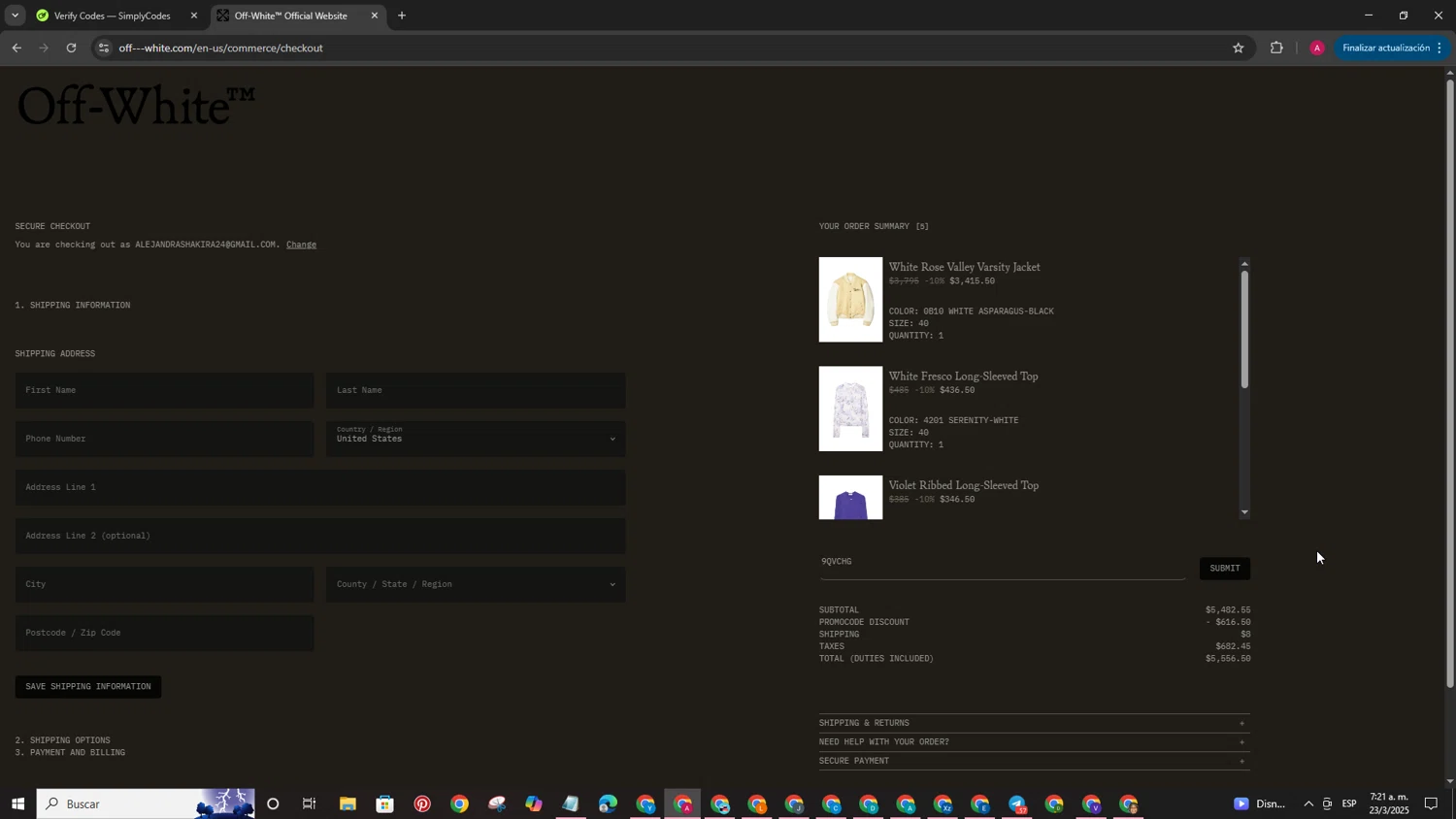 Off-White promo code screenshot showing code 9QVCHG applied at Off-White checkout page. Uploaded by SimplyCodes community member CoinPhoenix8688 on Mar 23, 2025