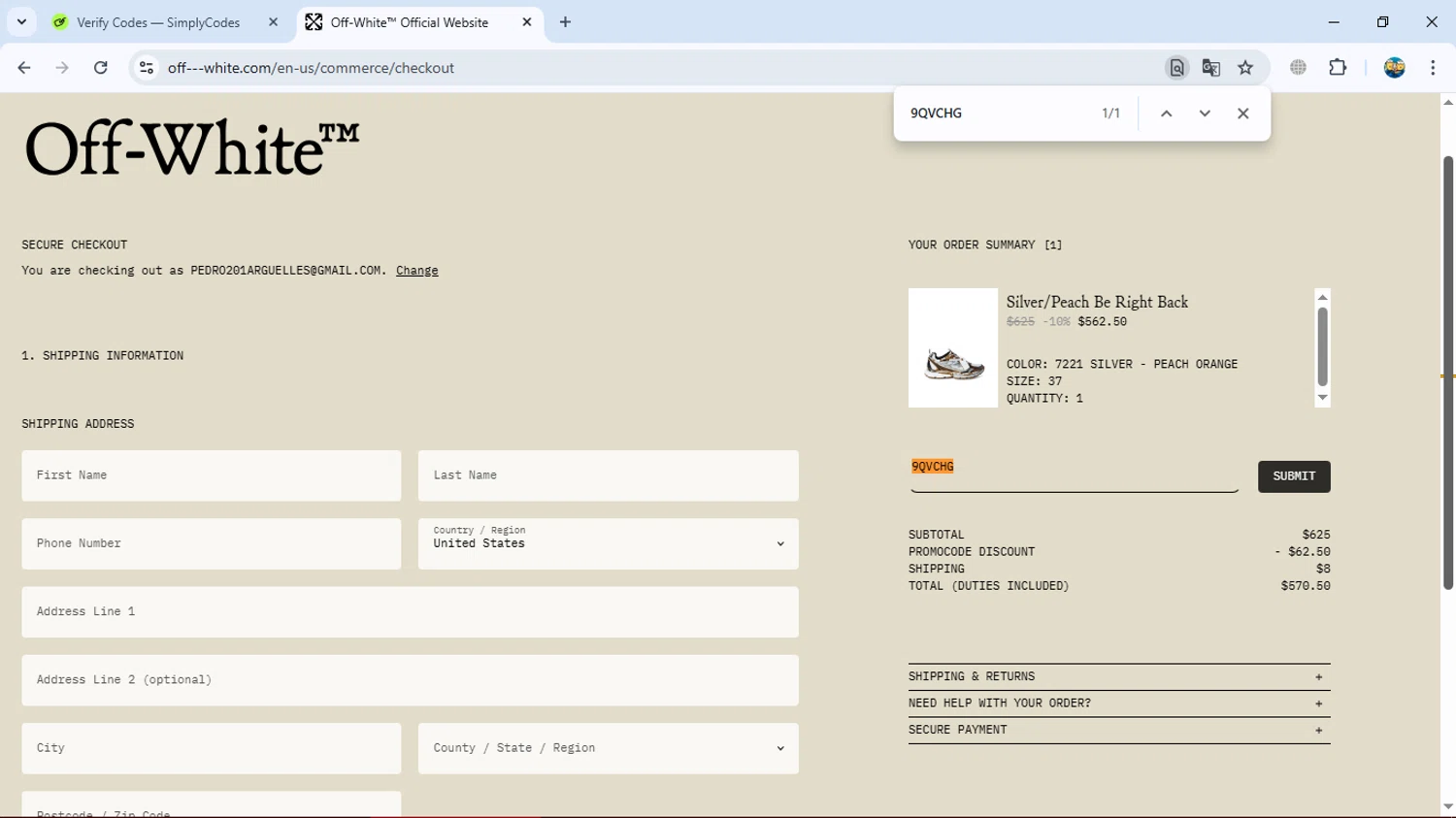 Off-White promo code screenshot showing code 9QVCHG applied at Off-White checkout page. Uploaded by SimplyCodes community member gleykerjose on Mar 28, 2025