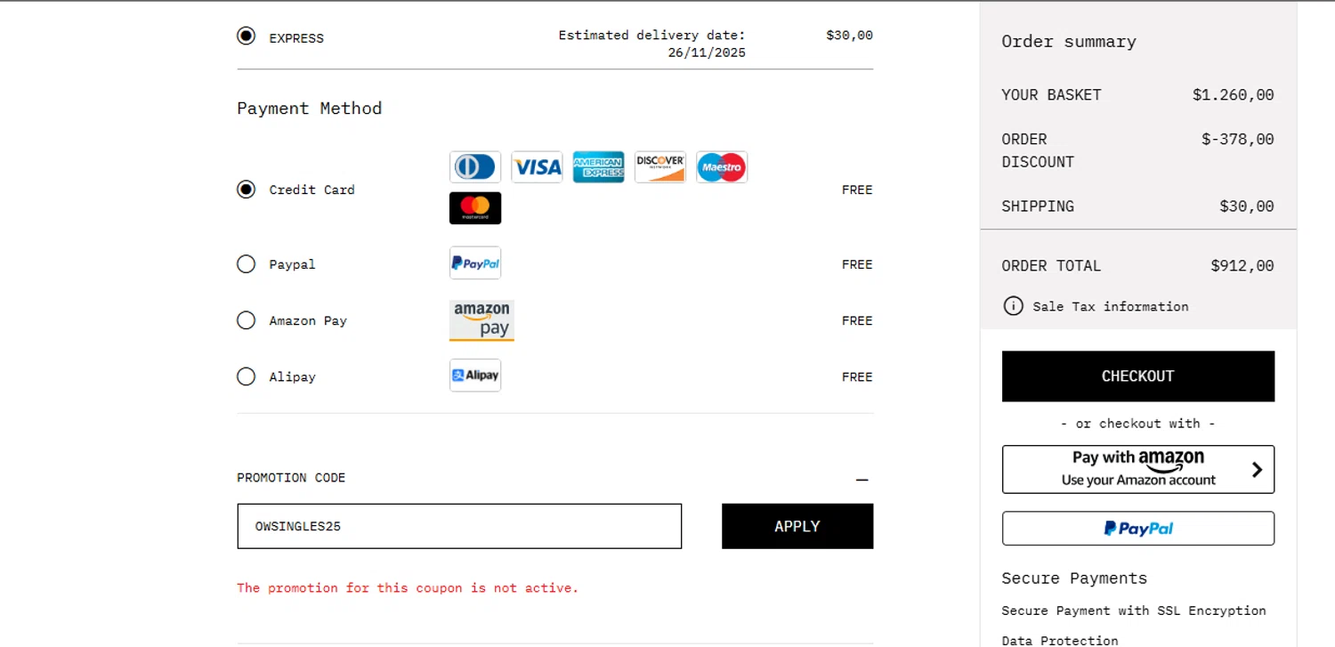 Off-White promo code screenshot showing code OWSINGLES25 applied at Off-White checkout page. Uploaded by SimplyCodes community member Lisboa on Nov 19, 2025