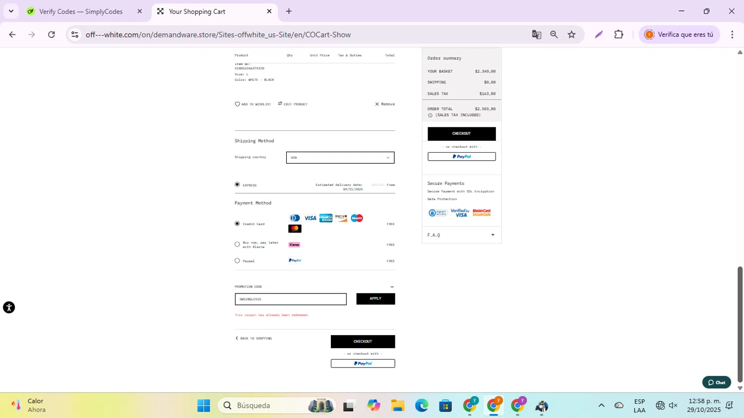 Off-White promo code screenshot showing code OWSINGLES25 applied at Off-White checkout page. Uploaded by SimplyCodes community member jesusalvarez1 on Oct 29, 2025