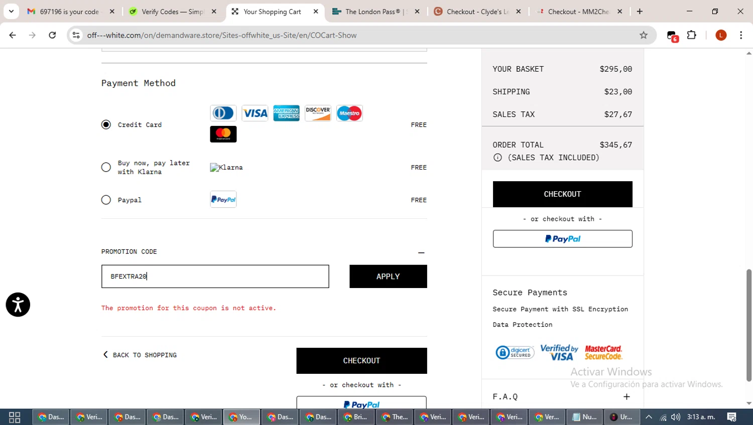 Off-White promo code screenshot showing code BFEXTRA20 applied at Off-White checkout page. Uploaded by SimplyCodes community member BonusHero9692 on Dec 3, 2025