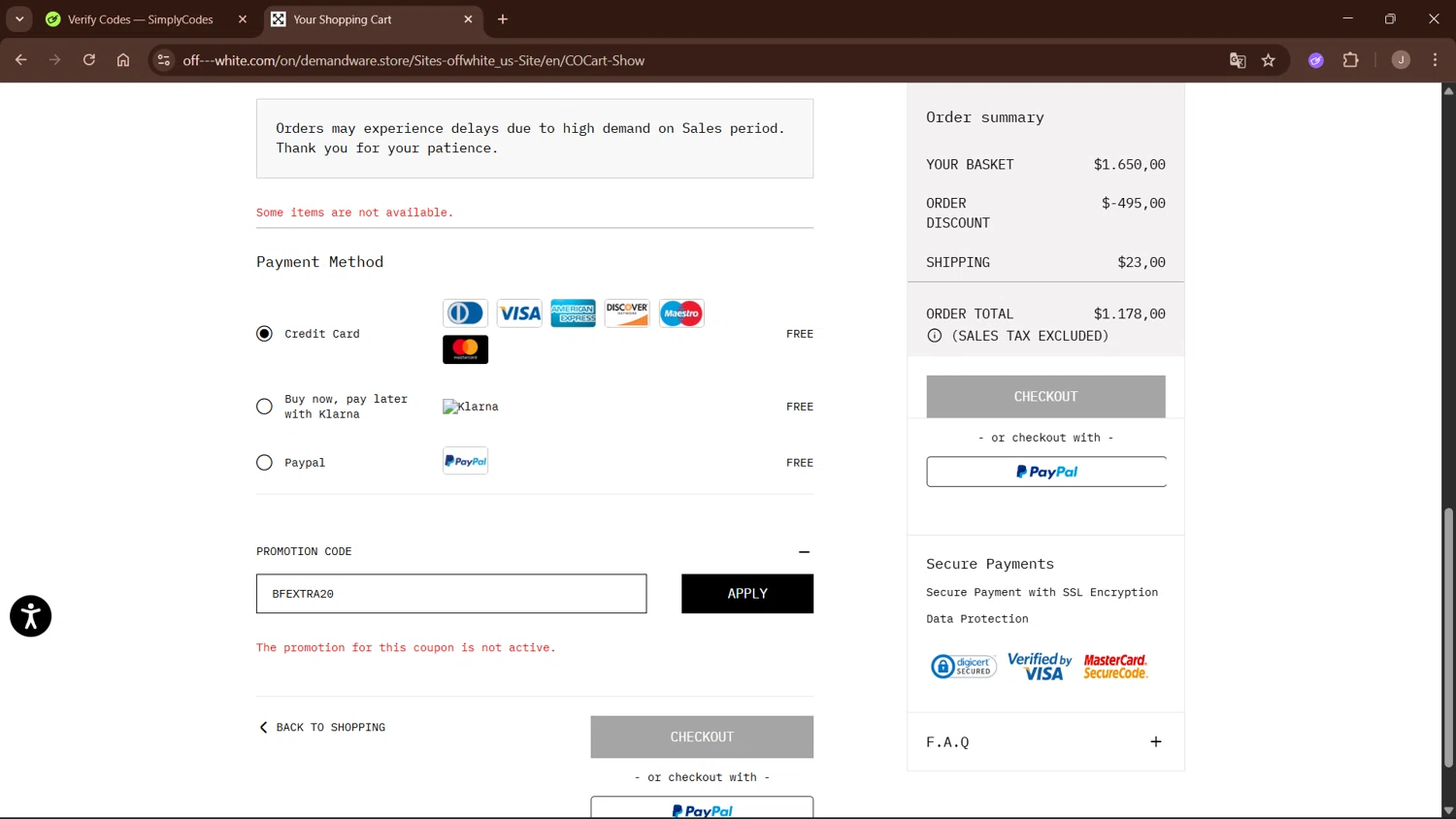 Off-White promo code screenshot showing code BFEXTRA20 applied at Off-White checkout page. Uploaded by SimplyCodes community member WisePro3955 on Dec 3, 2025