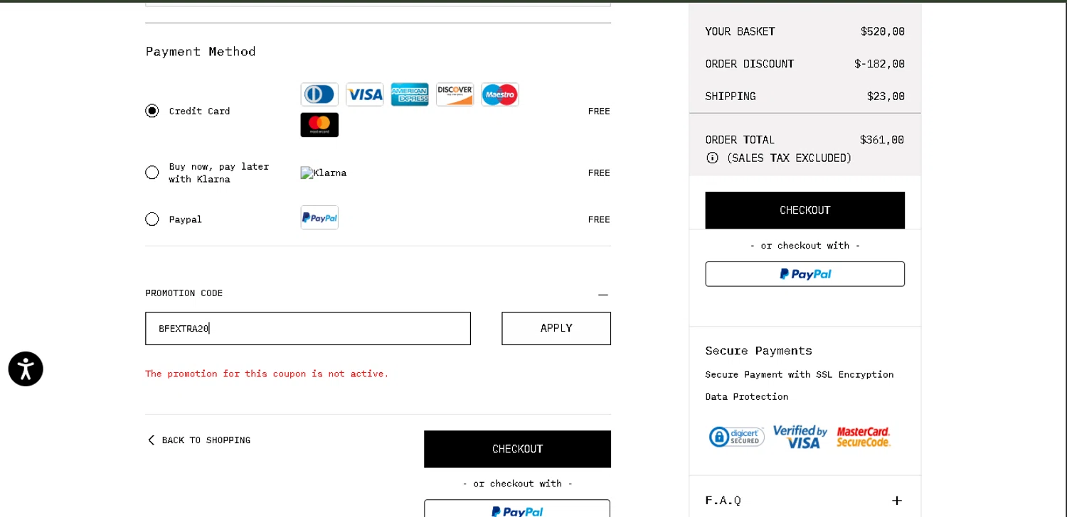 Off-White promo code screenshot showing code BFEXTRA20 applied at Off-White checkout page. Uploaded by SimplyCodes community member davisams on Dec 3, 2025