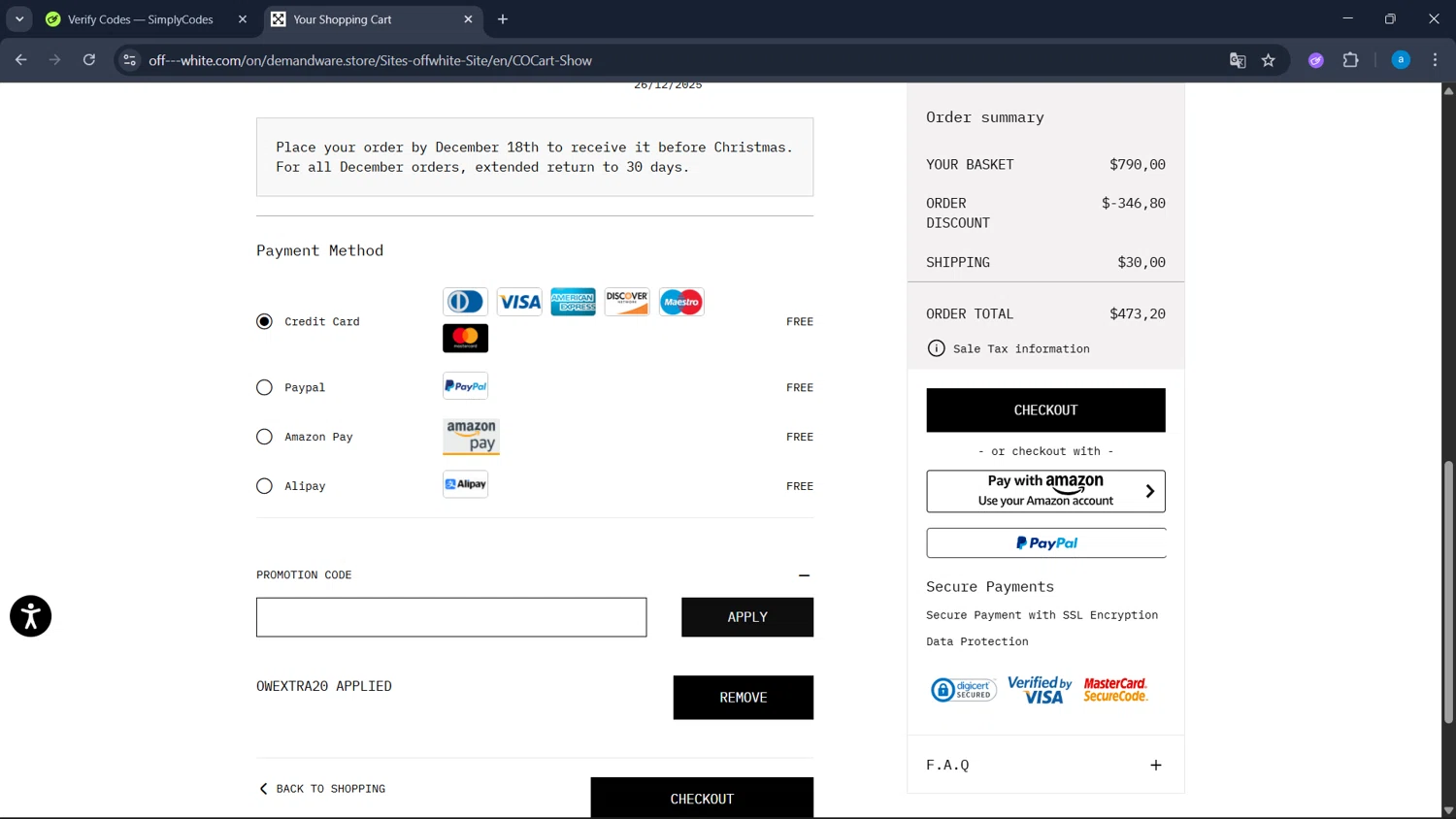 Off-White promo code screenshot showing code OWEXTRA20 applied at Off-White checkout page. Uploaded by SimplyCodes community member WiseHawk9255 on Dec 19, 2025