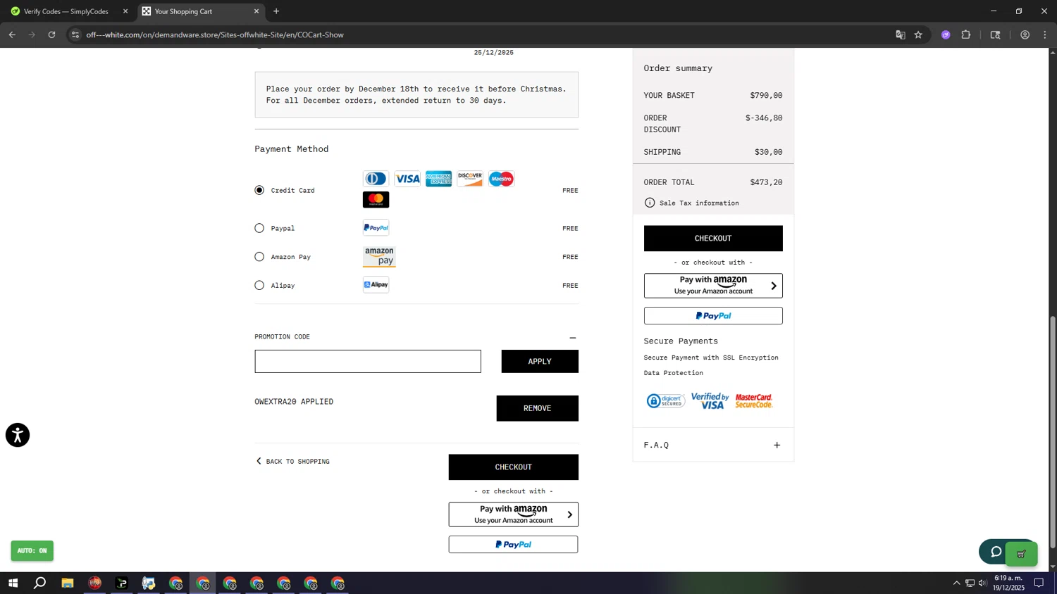 Off-White promo code screenshot showing code OWEXTRA20 applied at Off-White checkout page. Uploaded by SimplyCodes community member ooooooooooooooooooo on Dec 19, 2025