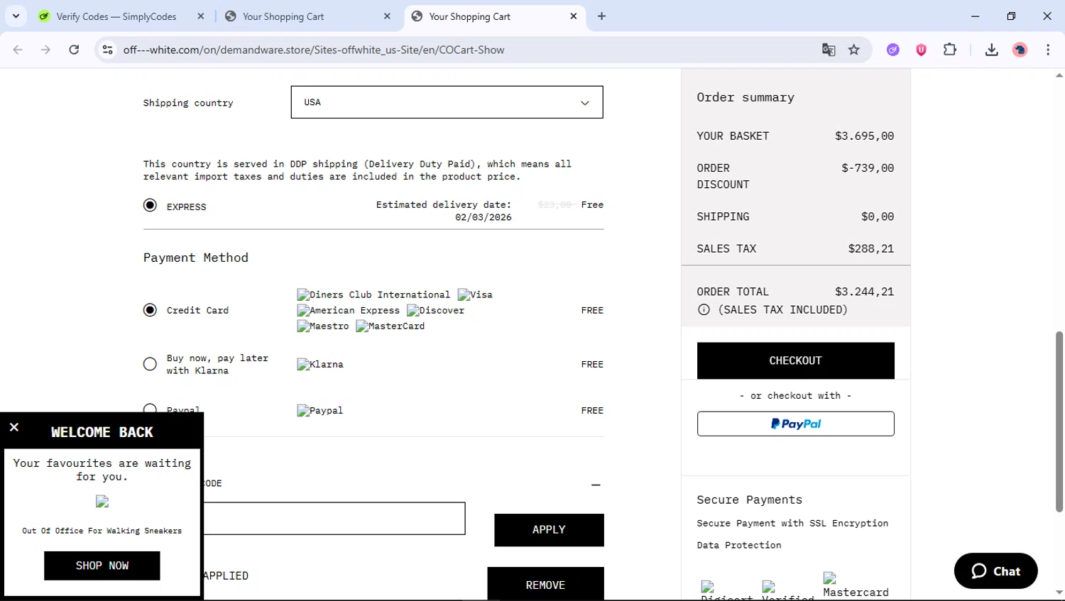 Off-White checkout page showing Off-White promo code box | Screenshot taken by SimplyCodes community member on Feb 24, 2026