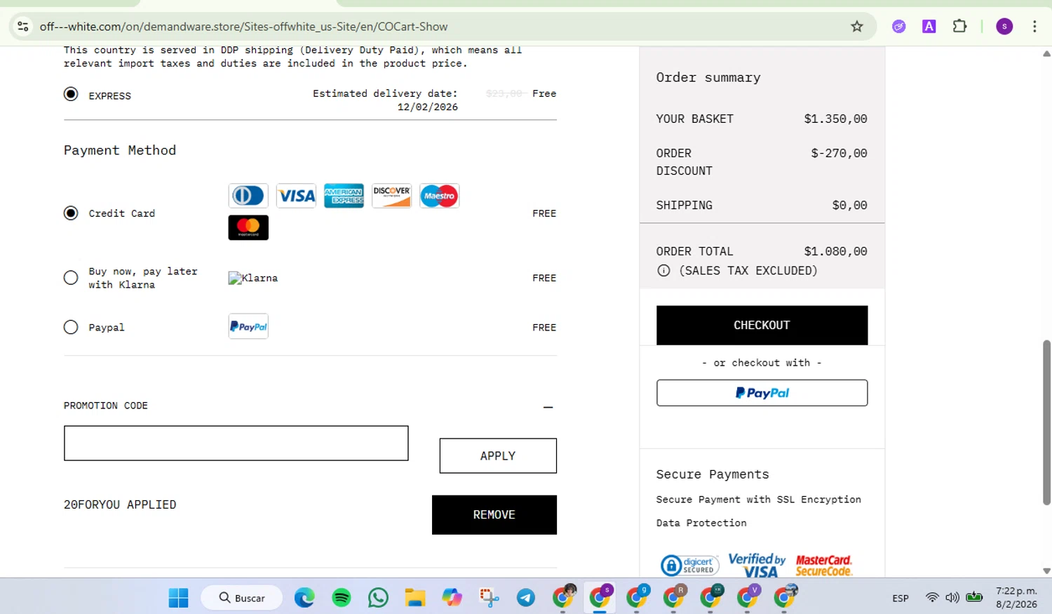 Off-White checkout page showing Off-White promo code box | Screenshot taken by SimplyCodes community member on Feb 8, 2026