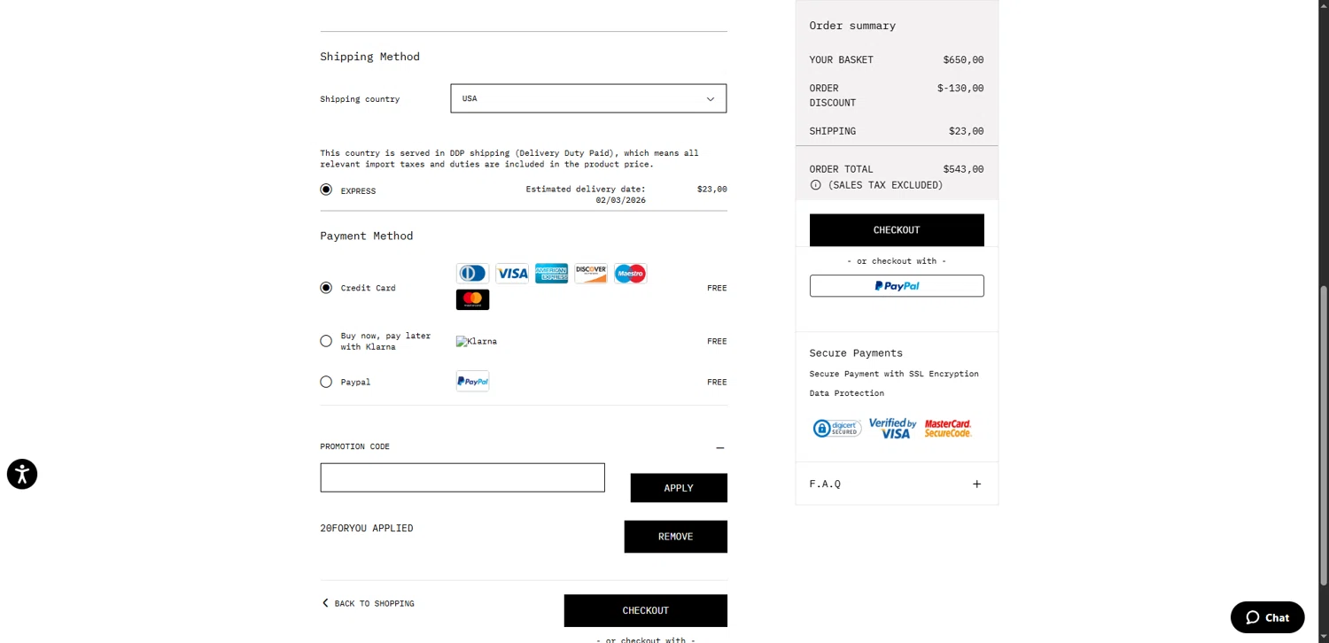 Off-White promo code screenshot showing code 20foryou applied at Off-White checkout page. Uploaded by SimplyCodes community member VictoriousBoss8742 on Feb 24, 2026